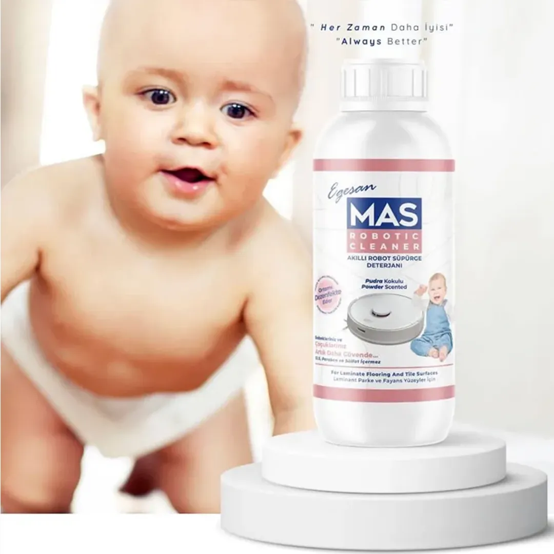 محلول شوینده جارو رباتیک برند Mas با رایحه پودر بچه مناسب برای خانههای دارای کودک و حجم ۵۰۰ میلیلیتر